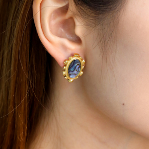 Vintage Gold Oval Earrings for Women - Pink Resin & <b>Abalone</b> <b>Shell</b> Studs - Bohemian Fashion Jewelry Set - Product Image 3