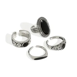Vintage Zwart Epoxy Vinger Ringen Voor Vrouwen Echt 925 Sterling Zilveren Opening Verstelbare Ring Fijne Sieraden