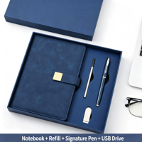 Ensemble cadeau d'affaires bleu marine 4 pièces : Carnet A5 avec logo personnalisé, patch doré, stylo et clé USB rechargeable
