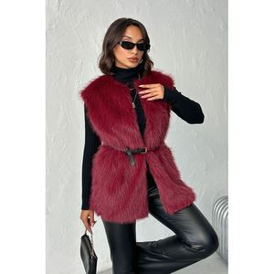 Chaleco de Piel Sintética para Mujer TOPSHOW, Elegante Abrigo sin Mangas Color Borgoña para Otoño e Invierno, Mezcla Suave de Algodón y Poliéster - Product Image 1