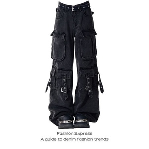 Jean de travail noir multi-poches pour femme, taille haute, coupe ample, jambe large, style décontracté et tendance - Product Image 4