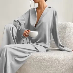 Conjunto de pijama de 2 piezas para mujer, ropa de dormir holgada de un solo pecho, Color liso, otoño