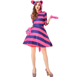 Robe de soirée pour femme, rose et violette à rayures, inspirée du <span class=keywords><strong>chat</strong></span> du <span class=keywords><strong>Cheshire</strong></span>, pour Halloween, avec gants et queue - Product Image 3