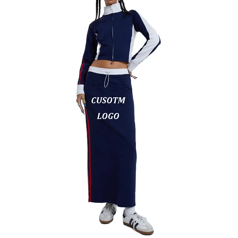 Custom Logo Women Sport Style Long Skirt Dress Cotton Jersey Knitted Side Striped Maxi Skirt Navy Sporty Midi Skirt