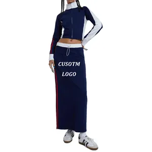 Logo personalizzato donna stile sportivo gonna lunga abito Jersey di cotone lavorato a maglia Maxi gonna a righe laterali gonna Midi sportiva blu Navy