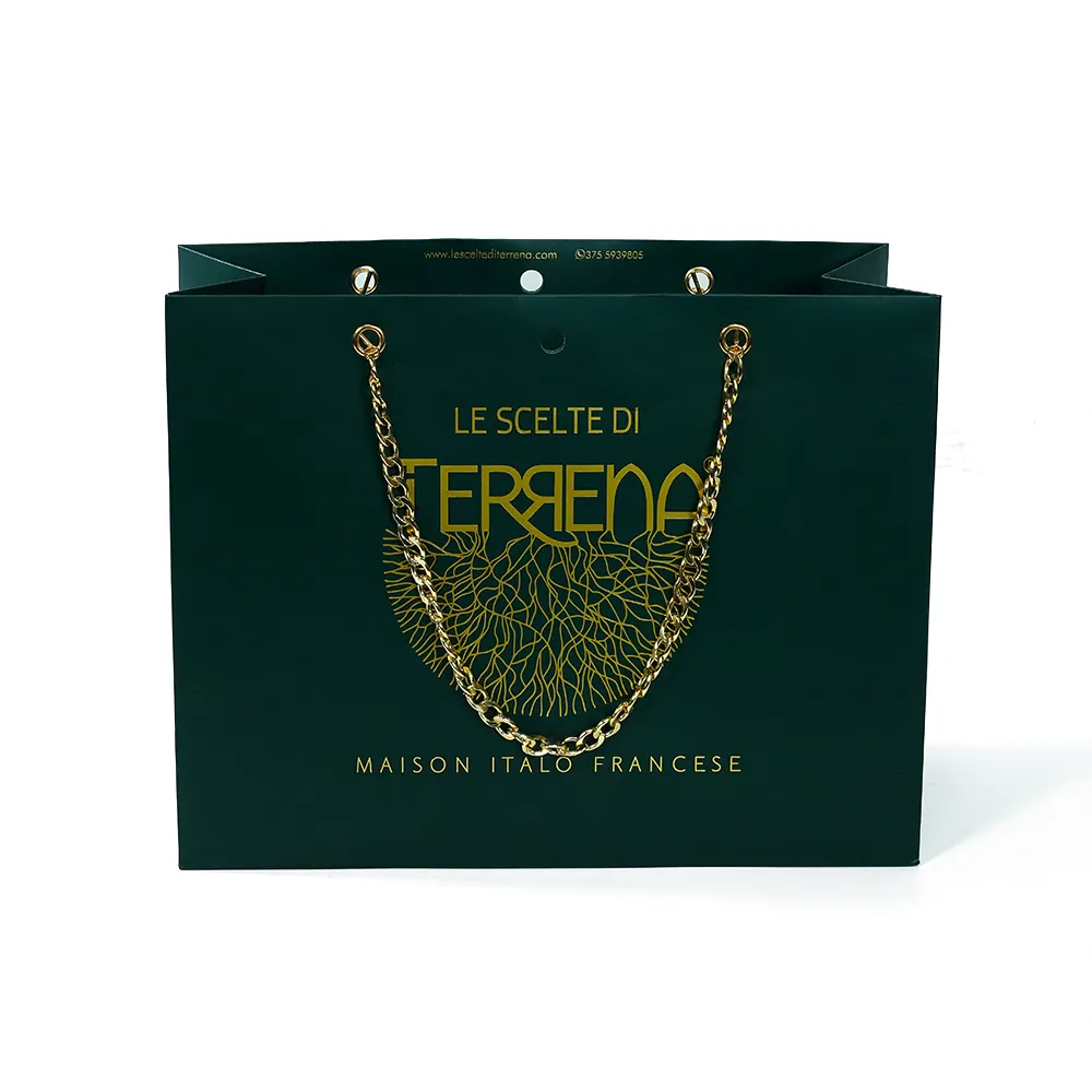 Sacs cadeaux personnalisés avec Logo en feuille d'or, emballage de vêtements et de bijoux, sac en papier avec poignée en chaîne, sacs en papier