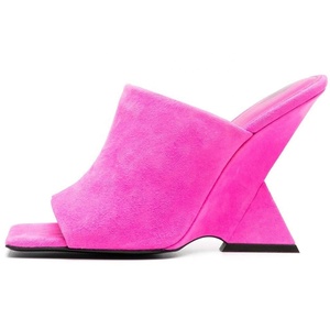 Women Strange Heels Suede Unique Wedge Heel Sandals Square Open Toe Summer Shoes Custom Colors Slides Slippers - Product Image 1