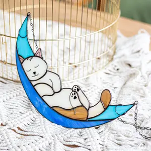 Cat In Moon vetro colorato Suncather Window Wall Hangings Funny Cat In Moon Suncatcher Nursery Home Decor decoro In vetro colorato