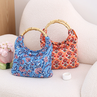 Tas Jinjing Gaya Baru Retro Motif Bunga dengan Cincin Bambu, Gaya Etnik Vintage, Tas Tangan Wanita Portabel untuk Perjalanan Sehari-hari dan Belanja