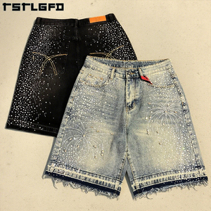 Pantaloncini di <span class=keywords><strong>jeans</strong></span> in cotone lavato Vintage con ricamo personalizzato da <span class=keywords><strong>uomo</strong></span> in strass al ginocchio Jorts da <span class=keywords><strong>uomo</strong></span> - Product Image 1