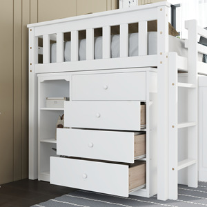 White Solid Wood <b>Kids</b> Mid-High Bed With <b>Storage</b> Drawers And Desk For Bedroom - Product Image 3