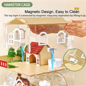 Nouvelle cage à hamster en acrylique 12 en 1 avec accessoires en bois, maison/villa pour hamster à deux ou trois étages avec tunnel et roue - Product Image 3