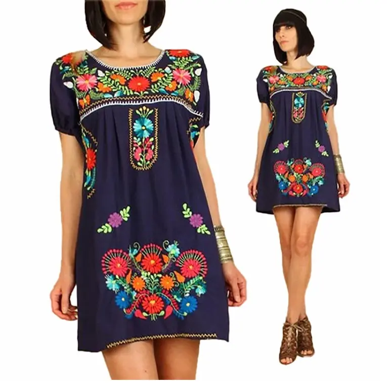 Vestido bohemio vintage de lino para mujer, ropa bordada de estilo mexicana, venta al por mayor