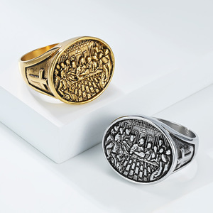 Anillo de Acero Inoxidable con Cruz de la Última Cena, Joyería para Hombre, Regalo, Anillo de Moda en Tono Dorado y Plateado, Banda de Acero de Titanio, Diseño Retro - Product Image 1