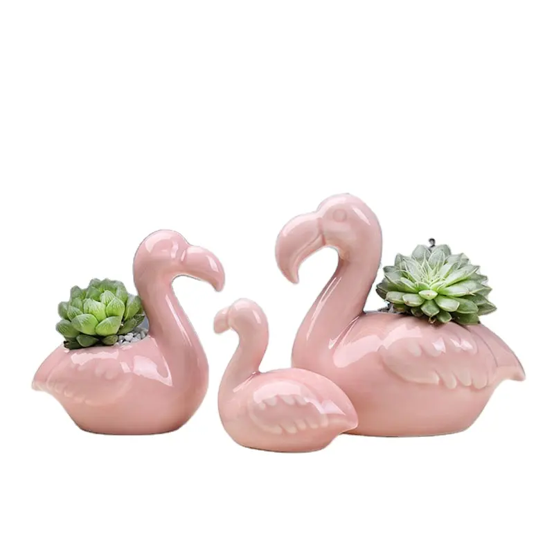 Pack of 3 pieces Flamingo shaped ceramic flowerpot Mini flamingo porcelain flower plant pot for Desktop Home Garden decoration