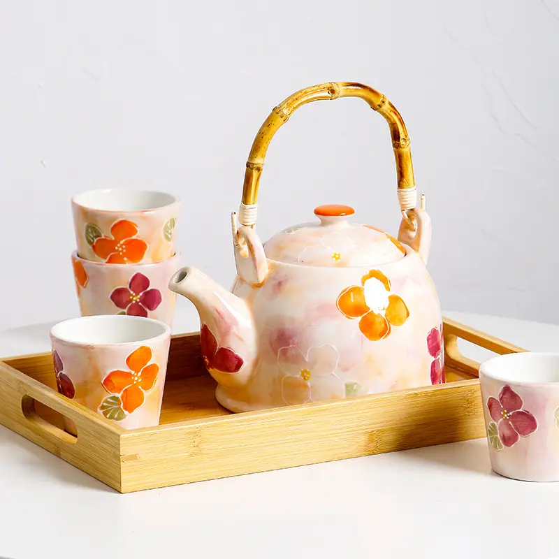 ชุดน้ำชาสีชมพูสไตล์ใหม่,ชุดถ้วยชาดอกไม้ที่จับหวายชุดกาน้ำชาพร้อมถาดไม้