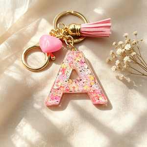 Pink Glitter Resin Letter E Keychain, Initial <b>Key</b> <b>Ring</b> with Heart Charm, Cute Tassel Accessory for Handbags - Product Image 2