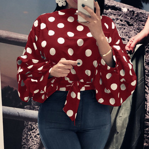 Abbigliamento Donna Primavera Autunno, Camicia Sexy a Pois con <span class=keywords><strong>Maniche</strong></span> a Sbuffo, Bluse e Top Corti da Donna, <span class=keywords><strong>Maniche</strong></span> <span class=keywords><strong>Lunghe</strong></span> - Product Image 2