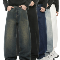 Jean Baggy Homme Jambe Large Décontracté Machette Effet Relief Délavé Jean Droit Homme Coton Denim Mi-Hauteur