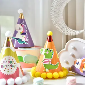 De gros cap fête d&#39;anniversaire-Chapeau de dessin animé pour enfant, chapeau décoratif avec boule de fourrure, décoration de fête d'anniversaire pour bébé