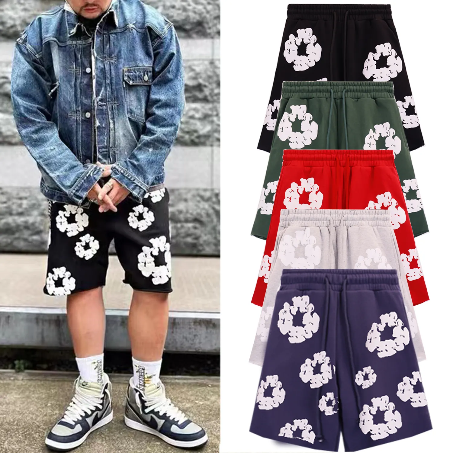2024 Top Quality DenimTears Manufacturers The Cotton Wreath Pattern Puff Print Pants Loose Cotton Casual Sports Men Shorts