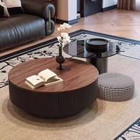 Ensemble de tables basses modernes 2 pièces imbriquées avec plateau en noyer, tiroir de rangement cannelé et table d'appoint en verre noir pour table basse
