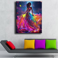 Peinture au diamant Ever Moment Portrait Fille noire en robe colorée Broderie au diamant DIY Art mural décoratif ASF3039