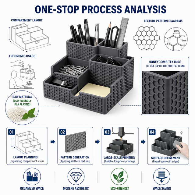 Custom FDM 3D Printing PLA Honeycomb Texture Desk Organizer Multi Compartment Office Pen Storage Holder Eco-Friendly Desktop Box