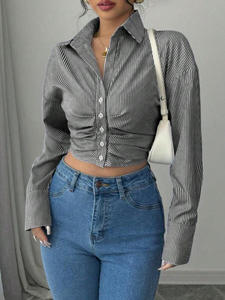 All'ingrosso nuovi abiti da donna alla moda Casual top a righe stili corti <span class=keywords><strong>con</strong></span> polsini a fessura camicie a <span class=keywords><strong>maniche</strong></span> lunghe da donna - Product Image 3