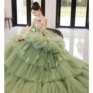 Green Ball Gown For Women Halter Neck Empire Waist Tulle Evening Dress Formal Banquet Wear - Product Image 3