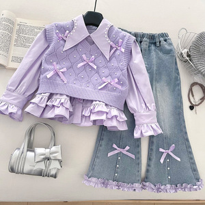 Conjunto <span class=keywords><strong>de</strong></span> Tres Piezas con <span class=keywords><strong>Chaleco</strong></span> <span class=keywords><strong>de</strong></span> Punto Elegante para Niñas, Nuevo Estilo Otoñal, Conjunto <span class=keywords><strong>de</strong></span> Jeans Acampanados para Bebés, Ropa para Niñas <span class=keywords><strong>de</strong></span> 90-150 cm - Product Image 1