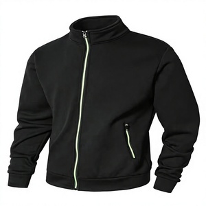 Men's Black Fleece <b>Zip</b>-<b>Up</b> Jacket Neon Green Zipper Front Logo Stand Collar Casual Regular Fit Autumn Wear Breathable 100% Cotton - Product Image 1