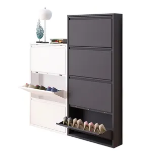 Metal Shoe Cabinet With 3 Flip Drawers Wall Mounted No-Assembly Steel Shoe Storage Cabinet With Magnetic Goose