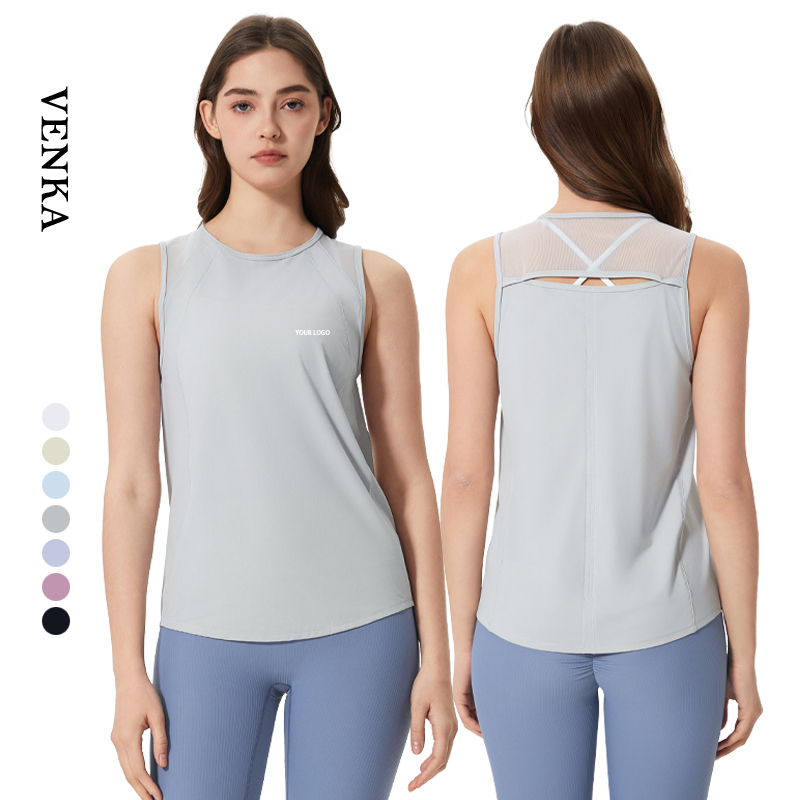 Women Summer Sports Tank Top Thin Mesh Hollow Out Top Sleeveless Crew Neck Quick Dry Breathable Workout Gym Round Neck Yoga Wear