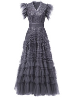 4XL 3XL 2XL robes de soirée 2025 été Occasion spéciale femmes col en v diamant perles déco Sexy Tulle maille longue gris robe noire