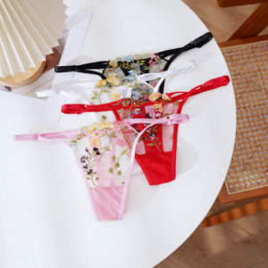 Сексуальные кружевные стринги с вышивкой для женщин, растягивающие трусики с цветочным дизайном и удобным поясом - Product Image 1