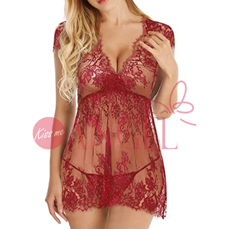 KISS ME ANGEL direct wholesale lace hollow out deep V neck sexy young girls babydoll sexy lingerie