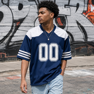 Maillot de football américain personnalisé bleu marine respirant imprimé à manches courtes en mesh – Tenue d'équipe pour le jour du match et vêtements de supporter - Product Image 1