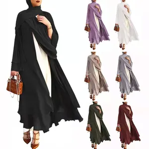 Wholesale abaya design women-2021 new design Turkey solid color dress arabic layered long cardigan dress muslim dubai women front open abaya