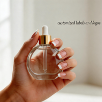 Contenants à huile ronds et plats uniques, 50 ml, flacons compte-gouttes en verre transparent vides pour huiles essentielles, avec bouchon intérieur, logo personnalisé, flacon transparent