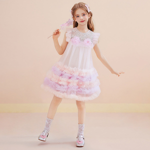 <span class=keywords><strong>Vestito</strong></span> in Tulle Sfumato Rosa e Viola per Bambine, Abito Tutu con Fiori 3D e Volant, Abbigliamento <span class=keywords><strong>da</strong></span> Principessa per Feste - Product Image 4