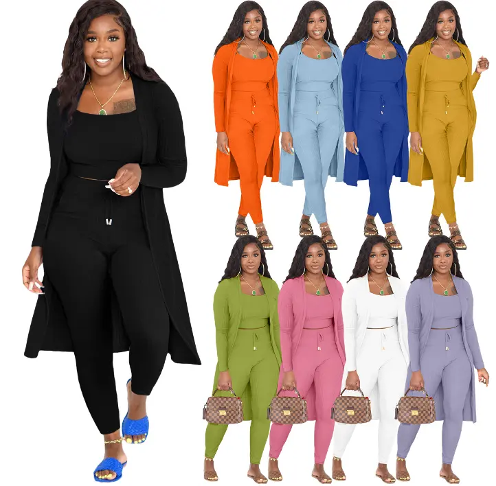 Plus size women clothing S-3XL ribbed 3 piece pants set 2022 fall solid casual long Cardigan Three piece pants set women outfits