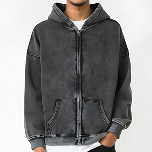 Wholesale Blank Embroidered <b>Hoodies</b> Unisex Drop Shoulder High Quality <b>Black</b> <b>Mens</b> Oversized Fleece Acid Wash Full <b>Zip</b> <b>Up</b> <b>Hoodies</b> - Product Image 1