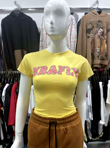 <b>Women's</b> <b>Yellow</b> Cropped <b>T</b>-<b>Shirt</b> Crew Neck Short Sleeve Casual Solid Color Knitted Fabric Adult Size - Product Image 4