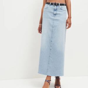 Jupes longues en jean bleu délavé sur mesure de haute qualité avec fente arrière, coupe décontractée, taille naturelle, tissu respirant pour femmes – Vente en gros - Product Image 2