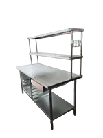 Table de travail utilitaire pour cuisine commerciale personnalisée NSF, 2 niveaux, acier inoxydable 430, finition brossée mate, capacité de charge de 300 kg/m