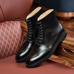 Men's Business Casual High-Top Lace-Up Square Toe <b>Leather</b> Upper Patchwork <b>Boots</b>-Lightweight Anti-Slip Breathable Moto <b>Work</b> <b>Boots</b> - Product Image 4