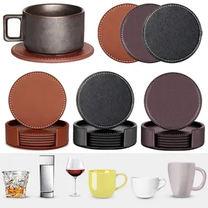 Custom Design Logo Round Blank Black Leatherette Cup Mat Set Custom Tea Beer Coffee Drink Pu Leather Coasters With Holder