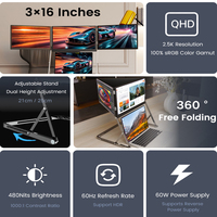 Moniteur triple secondaire pour ordinateur portable, 3 écrans de 16 pouces, 2,5K IPS, cadre en aluminium, faible latence de 5 ms, pour configuration multi-écrans sur PC de bureau