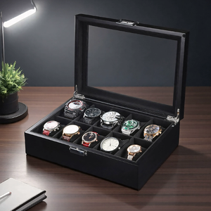 透明なガラス天窓、マルチグリッドフランネルライニング付きハイエンドブラック無垢材時計収納ボックス - Product Image 6